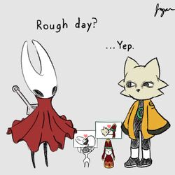  anthro arthropod black_body black_bodysuit black_clothing black_eyes black_footwear black_shoes black_skinsuit bodysuit cheek_tuft cloak clothing dialogue empty_eyes facial_tuft female footwear fur grey_background group heart_symbol holding_object holding_sign hollow_knight hornet_(hollow_knight) insects ji_(nine_sols) jngocreates lace_(hollow_knight:_silksong) male mouthless nine_sols red_cloak red_clothing sign simple_background skinsuit solarian tan_body tan_fur team_cherry text tight_clothing topwear tuft weapon_on_back white_body yellow_clothing yellow_topwear yi_(nine_sols) 