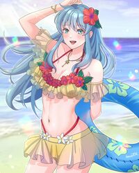  aqua_hair arm_behind_back bare_shoulders beach bikini breasts cleavage cowboy_shot eirika_(fire_emblem) eirika_(summer)_(fire_emblem) female fire_emblem fire_emblem:_the_sacred_stones fire_emblem_heroes frilled_bikini frills green_eyes highres holding holding_swim_ring kousetu0506 long_hair medium_breasts mixed-language_commentary navel ocean official_alternate_costume sand solo swim_ring swimsuit water yellow_bikini 