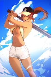  absurdres baseball_bat baseball_cap bikini blue_sky breasts brown_eyes brown_hair christie_monteiro cloud commentary dark-skinned_female dark_skin day female hat highres holding holding_baseball_bat houston_astros limart major_league_baseball medium_breasts outdoors ponytail shorts sky solo swimsuit symbol-only_commentary tekken underboob white_shorts yellow_bikini 