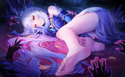  bare_legs bare_shoulders barefoot blue_dress breasts chinese_clothes detached_sleeves dress feet female foot_focus foreshortening hair_between_eyes high-low_skirt highres honkai:_star_rail honkai_(series) ice_shard jingliu_(honkai:_star_rail) long_hair looking_at_viewer medium_breasts red_eyes senba_(592683801) soles solo thighs toes white_hair 