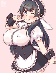  ;p agano_(kancolle) animal_ears apron artist_logo black_hair black_hairband blue_eyes blush breasts center_frills cosplay covered_nipples cowboy_shot cross_tie dated droopy_ears fake_animal_ears female fleur_de_lapin_uniform floppy_ears frilled_apron frilled_cuffs frilled_hairband frilled_shirt frills gradient_background hairband kanon_(kurogane_knights) kantai_collection kirima_syaro kirima_syaro_(cosplay) large_breasts lolita_hairband long_hair looking_at_viewer one-hour_drawing_challenge one_eye_closed pink_background puffy_short_sleeves puffy_sleeves rabbit_ears shirt short_sleeves smile solo tongue tongue_out underbust waist_apron waitress white_apron white_shirt wrist_cuffs 