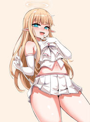  :d absurdres bare_shoulders blonde_hair blue_eyes blunt_bangs bow character_request commission contrapposto copyright_request cowboy_shot crop_top elbow_gloves eyelashes female flipped_hair from_below gloves halo hand_to_own_mouth hand_up highres kim_wang_jang light_blush long_hair looking_at_viewer midriff miniskirt naughty_face navel oerba_yun_fang open_mouth pleated_skirt pointy_ears shirt shirt_bow sidelocks simple_background skirt sleeveless sleeveless_shirt smile standing straight_hair strap_pull white_bow white_gloves white_shirt white_skirt yellow_background 