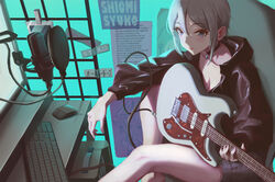  absurdres bare_legs black_choker black_jacket breasts cable choker cleavage collarbone computer_keyboard computer_mouse electric_guitar female grey_hair guitar hair_between_eyes highres holding holding_instrument idolmaster idolmaster_cinderella_girls indoors instrument jacket looking_at_viewer monitor overdose_(natori) pop_filter qingli_ye shiomi_syuko short_hair sitting solo 