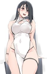  bare_arms black_hair blush breasts brown_eyes china_dress chinese_clothes cleavage covered_navel curvy dress female hair_between_eyes highres large_breasts long_hair looking_at_viewer open_mouth original pelvic_curtain simple_background smile solo standing teeth thigh_strap thighs upper_teeth_only white_background white_dress zekkyon 