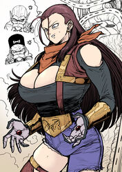  bandana blue_eyes breasts brown_hair cleavage denim dr._gero_(dragon_ball) dr._myuu dragon_ball dragon_ball_gt earrings etuzan_jakusui female genderswap_(mtf) gloves hair_slicked_back highres huge_breasts jeans jewelry large_breasts lips long_hair multiple_boys neckerchief orange_bandana pants red_ribbon_army robot rule_63 smile standing super_android_17 vest 