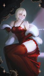  absurdres blonde_hair breasts cleavage closed_mouth dress dungeon_meshi elbow_gloves english_commentary falin_touden female fur_shawl gloves hair_between_eyes highres large_breasts limart looking_to_the_side red_dress red_gloves red_thighhighs shawl short_hair simple_background solo thighhighs yellow_eyes 