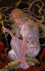  1boy allerghen androgynous blonde_hair braid brother_and_sister circlet dress elden_ring female floating_hair gold_crown gold_diadem gold_needle hair_over_eyes highres holding holding_another&#039;s_wrist holding_needle long_hair looking_at_viewer malenia_blade_of_miquella miquella_(elden_ring) multiple_braids needle otoko_no_ko out_of_frame prosthesis prosthetic_arm red_hair robe see-through see-through_dress siblings squatting twins twitter_username very_long_hair watermark wavy_hair white_robe yellow_eyes 