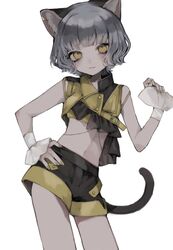  :3 alternate_costume animal_ear_fluff animal_ears belt blunt_bangs blush buttons cat_ears cat_girl cat_tail closed_mouth contrapposto cowboy_shot female fingernails grey_hair hand_on_own_hip hand_up head_tilt highres holding holding_clothes looking_at_viewer manuka_x_x medium_bangs medium_hair midriff navel nina_(valis) short_shorts shorts simple_background smile solo tail valis_(sinsekai) white_background wrist_cuffs yellow_eyes yellow_nails 