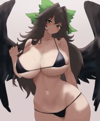  absurdres alternate_costume ass_visible_through_thighs bikini bikini_tug black_bikini black_wings blush breasts bright_pupils brown_hair collarbone feathered_wings female groin halterneck head_tilt highres huge_breasts long_hair looking_at_viewer micro_bikini moriforest1040 navel reiuji_utsuho simple_background smile solo stomach string_bikini swimsuit touhou very_long_hair white_pupils wings 