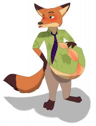  anthro barefoot belly big_belly blush bolddragon10 canid canine clothed clothing disney feet fox hand_on_belly hand_on_hip hi_res male mammal necktie nick_wilde one_eye_closed pregnant pregnant_male red_fox solo stomach_bulge tail tongue tongue_out true_fox unborn_kicking wink zootopia 