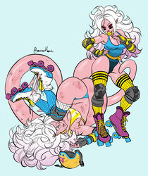  2girls amartbee android_21 belt black_sclera blue_eyes breasts bruise_on_leg candy chewing_gum cleavage colored_sclera colored_skin covered_nipples dragon_ball dragon_ball_fighterz dual_persona earrings elbow_pads facepaint fangs fingerless_gloves food gloves gold_choker hand_on_own_hip helmet highres holding holding_candy holding_food holding_lollipop jewelry knee_pads knees_to_chest legs_up leotard lollipop looking_to_the_side lying majin_android_21 messy_hair multiple_girls multiple_persona nail_polish on_back open_mouth pink_skin pointy_ears red_eyes roller_derby roller_skates scratches short_shorts shorts signature skates sports_bra striped_clothes tail tearing_up thighhighs tongue tongue_out twitter_username unworn_headwear unworn_helmet white_hair 