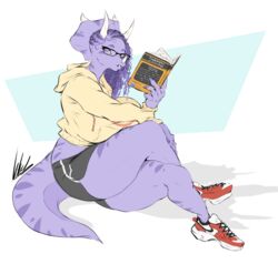  anthro athletic_wear bottomwear ceratopsian clothing curled_hair curved_horn dinosaur dullvivid extinct eyewear facial_horn female footwear glasses goodbye_volcano_high gym_bottomwear gym_shorts hair hi_res hoodue horn multicolored_body multicolored_scales nose_horn ornithischian prehistoric_species purple_body purple_hair purple_scales reptile scales scalie shoes shorts smile sneakers solo thick_thighs triceratops trish_(gvh) two_tone_body two_tone_scales wide_eyed wide_hips 