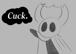  2_horns ambiguous_gender anthro black_body black_eyes cloak clothed clothing dialogue digital_media_(artwork) dooblebugs english_text gesture grey_background hand_gesture hollow_knight horn monochrome nonbinary_(lore) pointing simple_background solo team_cherry text the_knight_(hollow_knight) vessel_(species) 