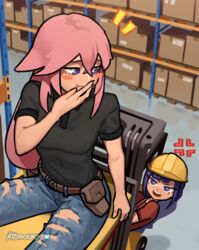  2girls ^^^ absurdres anger_vein artist_name atoroux belt belt_pouch black_shirt blush_stickers box breasts denim forklift genshin_impact hand_on_own_face hard_hat helmet highres indoors jeans long_hair looking_at_another multiple_girls open_mouth pants pink_hair pouch purple_eyes purple_hair raiden_shogun red_shirt shirt short_sleeves sitting yae_miko 