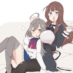  2girls :d animal_print arm_at_side assault_lily between_breasts black_pantyhose black_ribbon black_skirt blue_eyes blue_skirt blunt_bangs blush bow bowtie breasts brown_hair buttons commentary couch cropped_jacket cup feet_out_of_frame frilled_skirt frills grey_hair grey_thighhighs hand_on_another&#039;s_head hand_up hands_up head_between_breasts headpat high-waist_skirt highres holding holding_cup jacket kaede_johan_nouvel knees_together_feet_apart knees_up large_breasts long_hair long_sleeves looking_at_viewer miniskirt motion_lines multicolored_hair multiple_girls neck_ribbon on_couch open_mouth oversized_clothes pantyhose pink_bow pink_bowtie print_thighhighs puff_of_air rabbit_print ribbon sasaki_ran school_uniform shirt sidelocks simple_background sitting sitting_on_lap sitting_on_person skirt sleeves_past_fingers sleeves_past_wrists smile streaked_hair teacup thighhighs unbabaa v-shaped_eyebrows white_background white_jacket white_shirt yellow_eyes yuri yurigaoka_girls_academy_school_uniform 