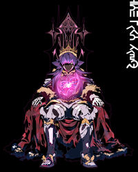  1boy absurdres armor black_background bright_pupils cape closed_mouth commentary_request crown frown full_body glowing glowing_heart hair_over_one_eye highres korean_commentary leon_(pokemon) long_hair male_focus pokemon pokemon_swsh purple_hair red_cape redlhzz sitting skeletal_hand solo throne white_pupils yellow_eyes 