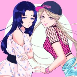  2girls :o :q bare_shoulders baseball_cap blonde_hair blue_eyes blue_hair blue_nails cowboy_shot crop_top denim denim_shorts earrings fishnet_top fishnets hat heart heart_print hoop_earrings jewelry kasuga_(sengoku_basara) long_hair looking_at_viewer multicolored_background multicolored_nails multiple_girls nail_polish oichi_(sengoku_basara) pink_background pink_nails sengoku_basara short_hair_with_long_locks shorts simple_background smile tongue tongue_out white_background white_nails yellow_eyes yori_(ito_haruki) 