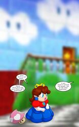  1girls blue_eyes crown dress female female_only gloves mario mario_(series) mushroom pogchamp power_up rule_63 runningtoaster shortstack super_mario_64 super_mario_bros. tagme text 