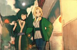  2girls bad_id bad_pixiv_id black_hair blonde_hair cellnpa collarbone facial_mark fishnet_top fishnets forehead_mark grey_kimono japanese_clothes kimono long_hair mature_female multiple_girls naruto naruto_(series) outdoors shizune_(naruto) short_eyebrows short_hair tsunade_(naruto) 