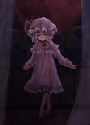  balcony barefoot bat_wings bebitera black_wings blunt_bangs curtains dark female full_body full_moon hat hat_ribbon highres long_sleeves looking_at_viewer mob_cap moon night night_sky nightgown pajamas red_eyes red_moon red_ribbon remilia_scarlet ribbon sky solo standing star_(sky) starry_sky touhou white_hair wings 