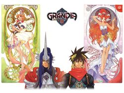  2boys 2girls arm_up armor art_nouveau bare_shoulders barefoot belt blonde_hair blue_hair brown_hair cape card character_name copyright_name corset dress elena_(grandia) expressionless grandia grandia_ii half_mask hand_in_own_hair helmet horns interlocked_fingers kanoe_youshi mask melfice_(grandia) millenia_(grandia) multiple_boys multiple_girls official_art own_hands_together praying red_hair red_scarf ryudo_(grandia) scarf simple_background single_horn smirk spiked_hair strapless strapless_dress watermark white_background white_dress 