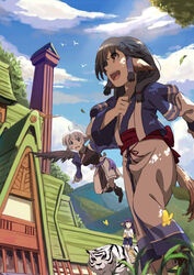  3girls animal_ears aruruu bird black_hair blind blue_eyes brown_eyes bug butterfly camyu cloud commentary day flying japanese_clothes mountain mukkuru multiple_girls outdoors purple_hair riding running silver_hair tail tiger tower tree utawarerumono werkbau wings yuzuha_(utawarerumono) 