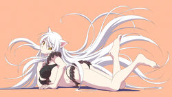  animal_ears ass bakemonogatari barefoot black_hanekawa bra cat_ears commentary_request feet female hanekawa_tsubasa highres long_hair monogatari_(series) nekomonogatari panties pitecube solo underwear underwear_only very_long_hair white_hair yellow_eyes 