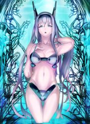  bare_shoulders blue_eyes blue_hair breasts commentary_request dodonpachi dodonpachi_saidaioujou ere_(2516325) female groin highres large_breasts long_hair looking_at_viewer maria_(saidaioujou) navel parted_lips solo swimsuit thigh_gap very_long_hair 