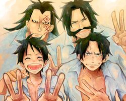  4boys alternate_universe ance black_eyes black_hair closed_eyes commentary_request facial_hair family father_and_son freckles gol_d._roger long_hair male_focus monkey_d._dragon monkey_d._luffy moustache multiple_boys one_piece portgas_d._ace scar smile tattoo v 