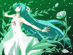  aqua_eyes aqua_hair commentary_request cosplay dress female flower hatsune_miku iga_tomoteru long_hair look-alike parody project_diva_(series) project_diva_2nd saya_(saya_no_uta) saya_(saya_no_uta)_(cosplay) saya_no_uta solo sundress very_long_hair vocaloid 