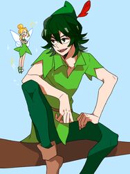  2boys :d black_hair blonde_hair boots chappa_(kaetodo) commentary_request cosplay crossed_arms hair_between_eyes hat hat_feather iori_shirou kill_la_kill multiple_boys open_mouth pantyhose peter_pan_(character) peter_pan_(disney) sanageyama_uzu smile tinker_bell_(disney) tinker_bell_(disney)_(cosplay) 