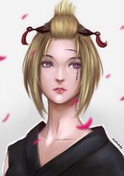  artist_name blonde_hair commentary_request female folded_ponytail gintama highres ikhwan_maulana japanese_clothes petals scar solo tsukuyo_(gintama) 