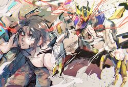  1boy black_hair bleeding blood blood_from_eyes blue_eyes claws commentary dust_cloud glowing glowing_eyes gundam gundam_barbatos gundam_barbatos_lupus_rex gundam_tekketsu_no_orphans highres kare_(0621utak) leaning_forward looking_at_viewer male_focus mecha mikazuki_augus mobile_suit open_hand robot science_fiction short_hair v-fin 