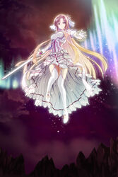  absurdres armor armored_dress asuna_(sao) asuna_(stacia) blonde_hair boots breastplate brown_eyes brown_hair closed_mouth cloud cloudy_sky dress energy female floating floating_hair flying full_body gloves glowing gradient_hair highres holding holding_sword holding_weapon ivuki light_particles long_hair looking_at_viewer magic miniskirt multicolored_hair night outdoors purple_sky radiant_light rapier skirt sky smile solo sword sword_art_online sword_art_online:_alicization sword_art_online:_alicization_-_war_of_underworld thigh_boots thighhighs thighs unsheathed very_long_hair waist_cape weapon white_armor white_dress white_footwear white_gloves 