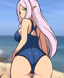  alternate_costume ass beach blue_one-piece_swimsuit breasts female fire_emblem fire_emblem:_the_blazing_blade from_behind green_eyes heterochromia highres idunn_(fire_emblem) long_hair looking_at_viewer looking_back median_furrow medium_breasts one-piece_swimsuit outdoors pointy_ears purple_hair red_eyes sand school_swimsuit solo swimsuit tavi_(hosheezus) thigh_gap thighs water 