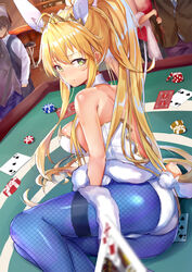  2girls 3boys ahoge animal_ears artoria_pendragon_(fate) artoria_pendragon_(swimsuit_ruler)_(fate) ass bare_shoulders blonde_hair blue_pantyhose blush breasts card casino_card_table cleavage detached_collar eight_of_clubs eric_(tianqijiang) fake_animal_ears fate/grand_order fate_(series) feather_boa fishnets four_of_clubs green_eyes hair_between_eyes highres king_(playing_card) king_of_diamonds large_breasts leotard long_hair looking_at_viewer multiple_boys multiple_girls necktie pantyhose playboy_bunny playing_card poker_chip ponytail rabbit_ears rabbit_tail sidelocks solo_focus strapless strapless_leotard table tail thighband_pantyhose three_of_spades white_leotard wrist_cuffs 