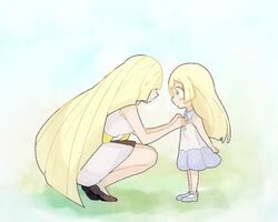  2girls adjusting_neck_ribbon aged_down blonde_hair blush_stickers brown_footwear chiimako closed_mouth collared_dress commentary_request dress eyelashes from_side green_eyes grey_footwear lillie_(pokemon) long_hair lusamine_(pokemon) mother_and_daughter multiple_girls neck_ribbon pokemon pokemon_sm ribbon shoes sleeveless sleeveless_dress smile socks squatting white_dress white_legwear 