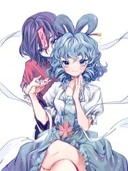  2girls 80isiiii blue_dress blue_eyes blue_hair breasts collared_vest commentary dress frills hair_ornament hair_rings hair_stick hat highres kaku_seiga looking_at_viewer medium_breasts medium_hair miyako_yoshika multiple_girls ofuda puffy_short_sleeves puffy_sleeves shawl short_hair short_sleeves symbol-only_commentary touhou vest 