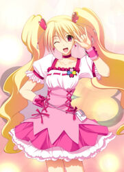  blonde_hair bow choker commentary_request cure_peach earrings female fresh_precure! hair_ornament hand_on_own_hip heart heart_hair_ornament jewelry long_hair magical_girl momozono_love one_eye_closed photoshop_(medium) pink_bow pink_choker pink_eyes pink_wrist_cuffs precure solo takepon twintails wrist_cuffs 