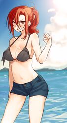  aozaki_touko bikini bikini_top_only blush breasts commentary_request female kamehima kara_no_kyoukai large_breasts navel ponytail red_eyes red_hair short_shorts shorts solo swimsuit wading water 