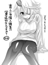  black_legwear blush breasts eyepatch female hair_ornament hair_over_one_eye impossible_clothes impossible_shirt monochrome open_mouth otonashi_kiruko pantyhose ribbed_sweater ringed_eyes shinmai_fukei_kiruko-san shirt short_hair simple_background sitting solo sweater sweater_dress tokita_monta white_background 