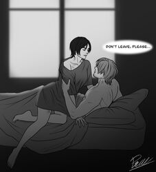  1boy 1girls ada_wong ada_wong_(ty_brenneman) after_sex biohazard capcom english_text female hickey hickey_marks leon_scott_kennedy male monochrome night on_bed resident_evil resident_evil_6 scratch_marks short_hair_female straight 