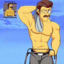  1dilf arm_behind_head armpit bara barazoku bulge dilf glasses jeans junsuisilly male male_only mature_male moustache muscles muscular muscular_male ned_flanders shirtless_male the_simpsons towel 