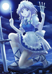  :o absurdres ankle_lace-up blue_eyes braid cloud cloudy_sky cross-laced_footwear female giant giantess highres izayoi_sakuya knife maid maid_headdress manzi moon night night_sky open_mouth photoshop_(medium) planted planted_knife ribbon shoes short_hair sky socks solo star_(sky) starry_sky touhou twin_braids weapon white_hair white_socks 