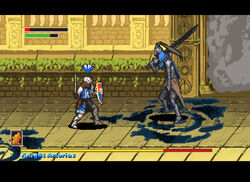  2boys armor artorias_the_abysswalker boss_fight chosen_undead dark_souls_(series) dark_souls_i david_semsei fake_screenshot gameplay_mechanics heads-up_display health_bar knight letterboxed multiple_boys photoshop_(medium) pixel_art shield sword weapon 