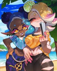  2girls alternate_hair_color baggy_pants bare_shoulders beach biting_lip black_bra blue_hair blueberry chocolate_and_vanilla dark-skinned_female deep_cut_(splatoon) detailed_background ear_piercing earrings fangs female_only frye_(splatoon) frye_(summer_nights) hand_fan hand_in_pants hand_on_hip hand_under_clothes inkling inkling_girl lemon light-skinned_female lime looking_at_viewer multicolored_hair multiple_girls navel ocean octoling octoling_girl official_alternate_costume official_alternate_hair_color palm_tree pink_hair reagan_long red_eyes ripped_pants seductive shiver_(splatoon) shiver_(summer_nights) short_hair smiling solo_female splatfest splatoon splatoon_3 strapless_bra summer summer_nights_splatfest sweat sweating torn_clothes torn_pants tree tube_top tubetop wet_body white_bra yellow_hair 