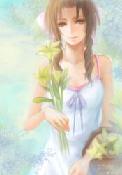  aerith_gainsborough bad_id bad_pixiv_id basket blue_eyes brown_hair collarbone crisis_core_final_fantasy_vii dress female final_fantasy final_fantasy_vii flower haruhito1211 long_hair ribbon solo sundress white_dress 