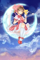  bad_id bad_pixiv_id brown_hair cardcaptor_sakura commentary_request crescent_moon dress female fuuin_no_tsue glove_bow gloves green_eyes hat highres kero_(cardcaptor_sakura) kinomoto_sakura kinomoto_sakura_(magic_dream_costume) magical_girl moon on_crescent pink_hat short_hair sitting solo_focus tippytippy white_gloves 