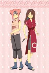  absurdres cosplay costume_switch female full_body genkin3 highres multiple_girls naruto pink_hair sakura_haruno standing tenten 