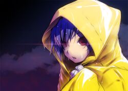  bakemonogatari bandages blue_hair female kanbaru_suruga monogatari_(series) nilitsu raincoat red_eyes solo wet yellow_raincoat 